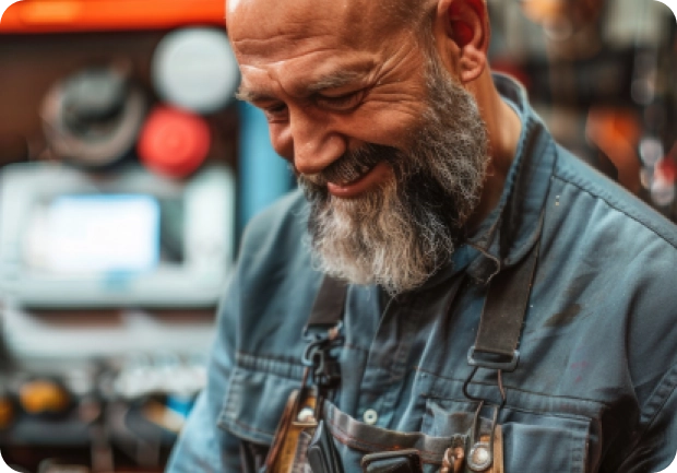 Smiling bearded craftsman wearing overalls in a workshop.