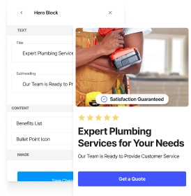 Website builder interface displaying a handyman service page with customization options for social media, hero section, and elements.