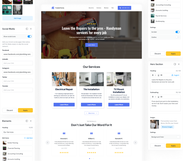 Website builder interface displaying a handyman service page with customization options for social media, hero section, and elements.