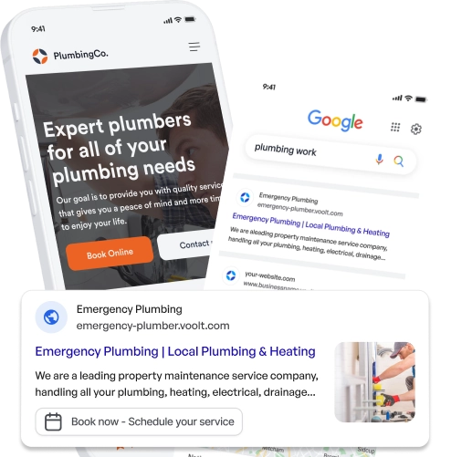 Smartphones displaying a plumbing service website and a Google search result for emergency plumbing services.