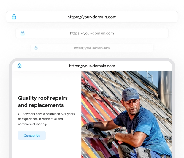 Roof repair service website on a laptop screen with custom domain URLs displayed.