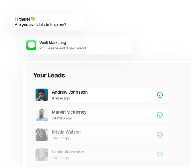 Lead notification dashboard showing new contacts and a customer support message.