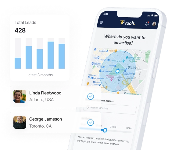  Voolt dashboard showing total leads and advertising location selection.