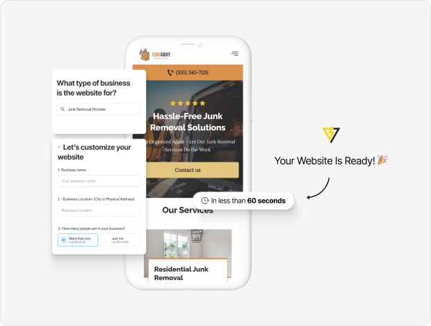 Phone displaying a junk removal website, with text bubbles showing customization options and a message indicating the website is ready in less than 60 seconds.