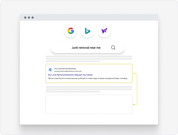 Search engine result page showing an ad for a junk removal business with options from Google, Bing, and Yahoo.