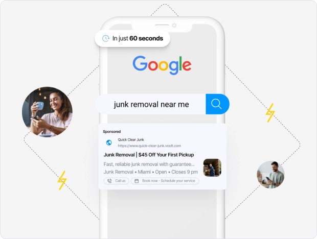 Google search result for 'junk removal near me,' showing a sponsored ad for Quick Clear Junk.