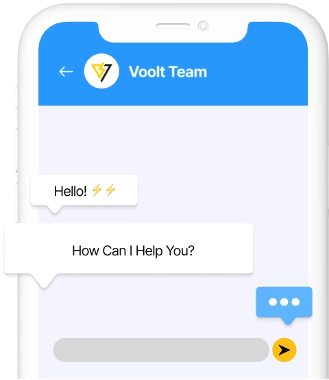 Chat interface on a smartphone screen with Voolt Team initiating a conversation.